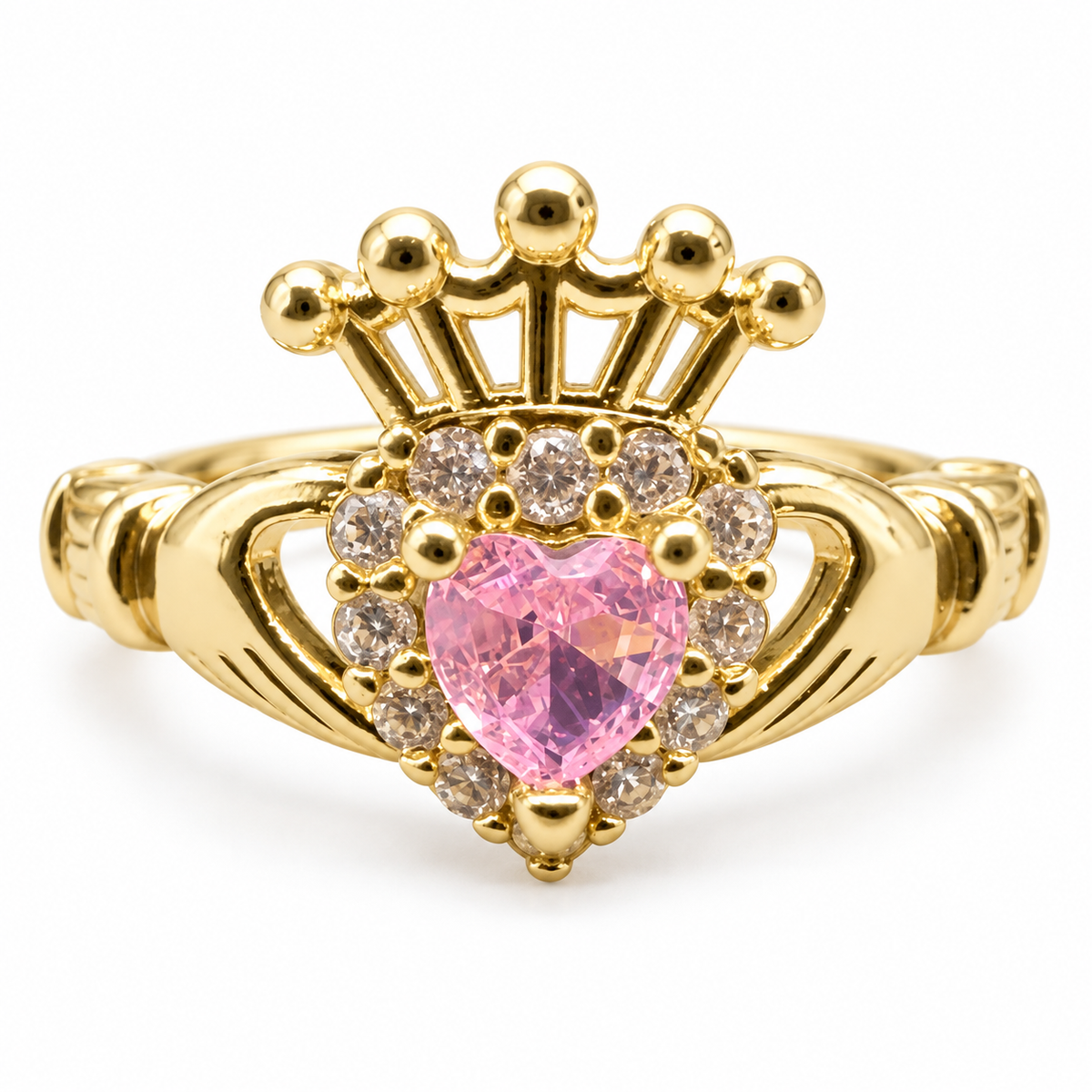 Gold Crown Heart Ring with Pink Stone