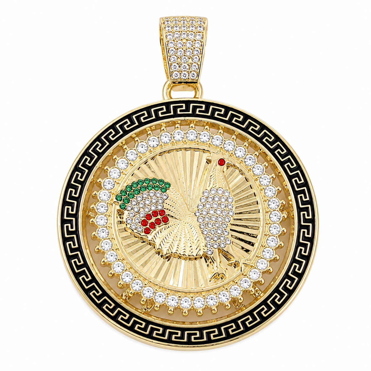 14K Gold Rotatable Rooster Spinner Medallion Pendant